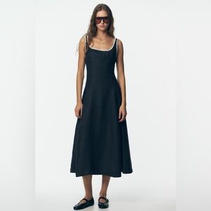 Zara NWT Blue & White 100% Linen Contrast Piping Midi Summer Dress (Size Medium)